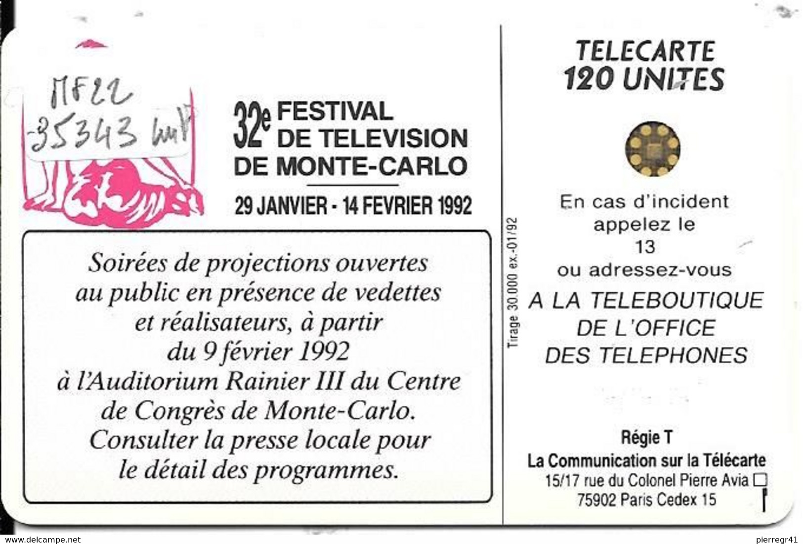 CARTE-PUBLIC-MONACO-120U-MF22-SC4-01/92-FESTIVAL TV-V° 5 IMPACTS-35343-TBE- - Monaco