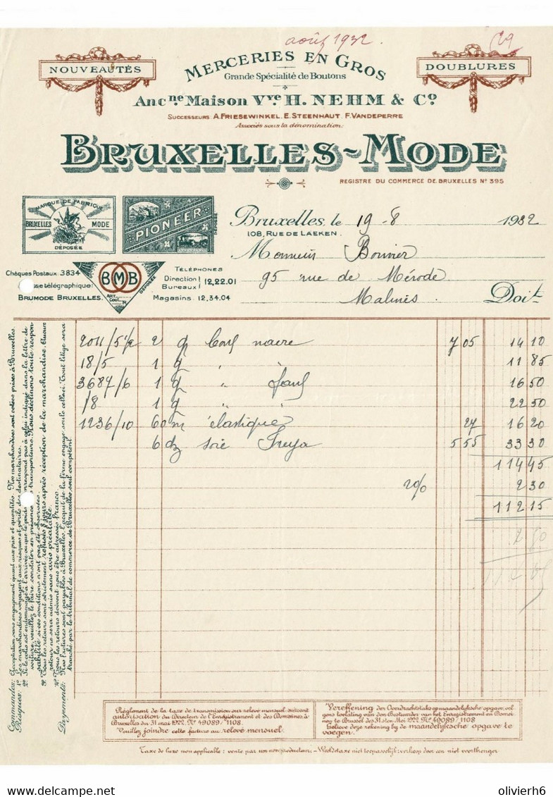 VP FACTURE 1932 (V2030) BRUXELLES MODE (1 Vue) Merceries En Gros  BRUXELLES Rue De Laeken, 108 Anc. M. H. NEHM & Co - Kleidung & Textil