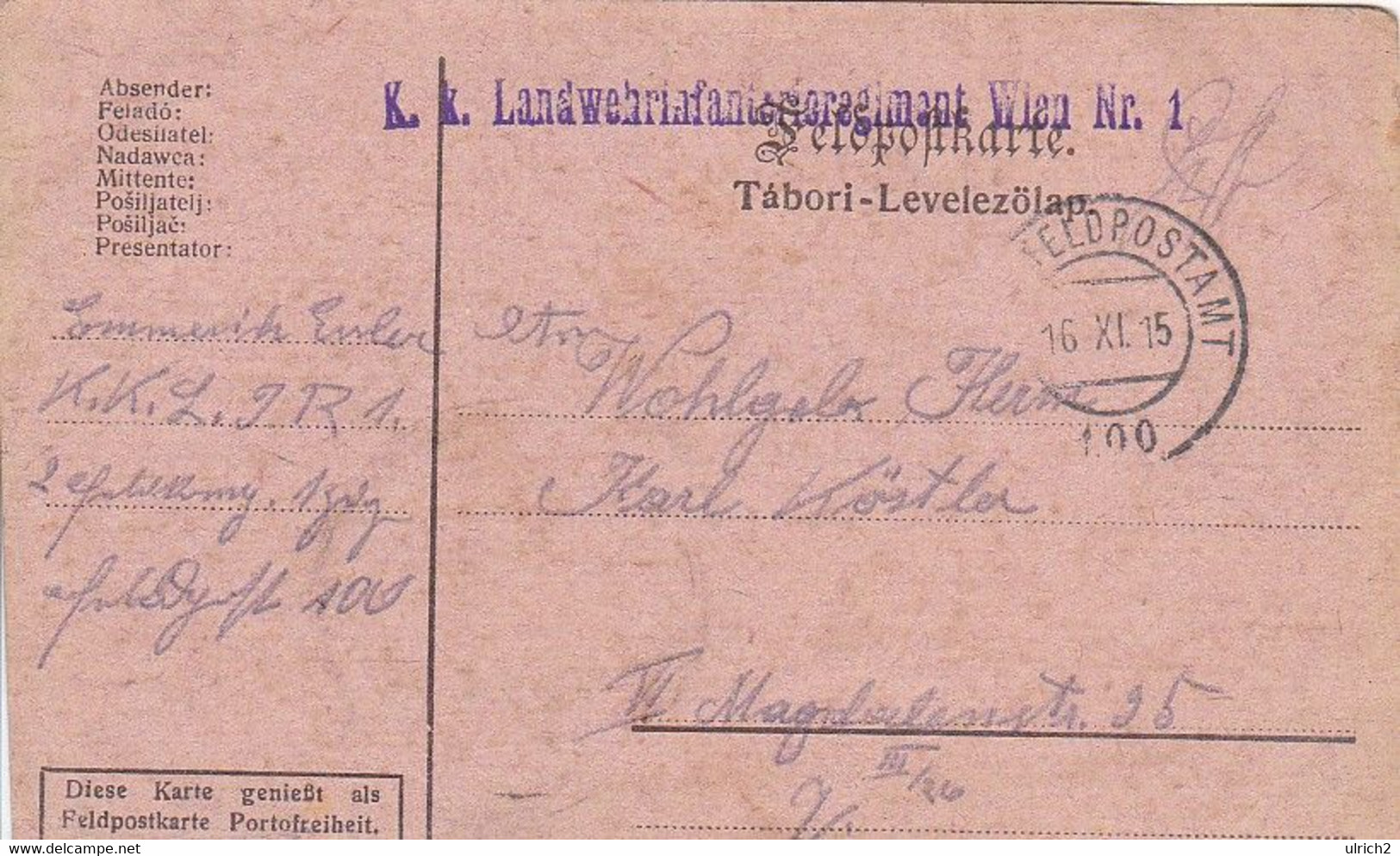 Feldpostkarte - K.k. Landwehrinfanterieregiment Wien Nr. 1  - 1915 (53704) - Briefe U. Dokumente