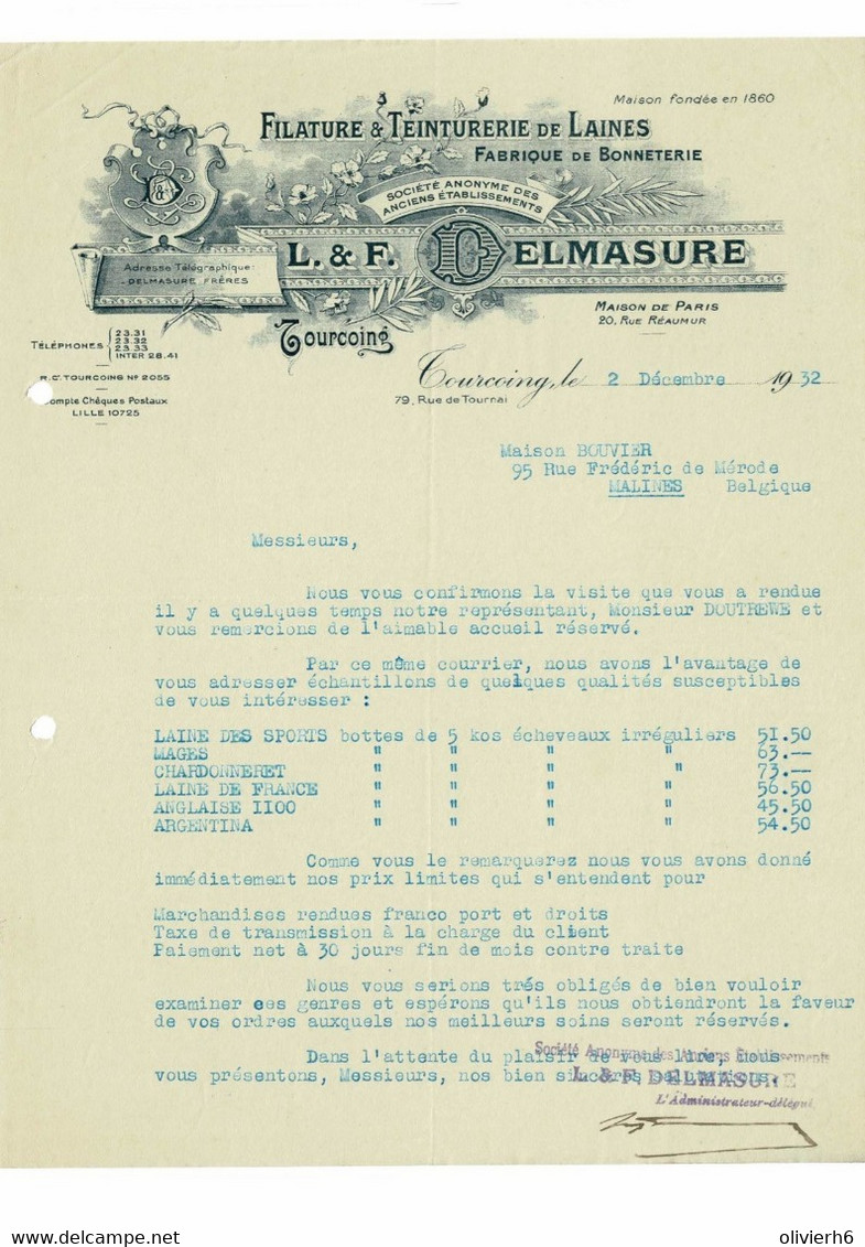 VP FACTURE 1932 (V2030) L. & F. DELMASURE (1 Vue) Filature & Teinturerie De Laines TOURCOING Rue De Tournai 79 - Perfumería & Droguería