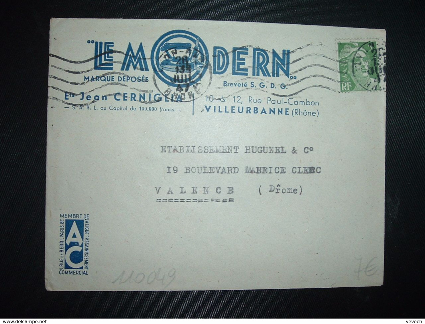 LETTRE TP M. DE GANDON 5F OBL.MEC .20 JUIL 47 LYON GARE RHONE (69) LE MODERN FER A REPASSER Jean CERNIGLIA - 1945-54 Marianne (Gandon)