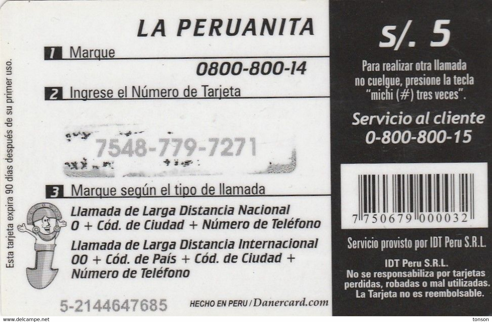 Peru, PE-IDT-002, La Peruanita, Prepaid Card, 2 Scans. - Peru