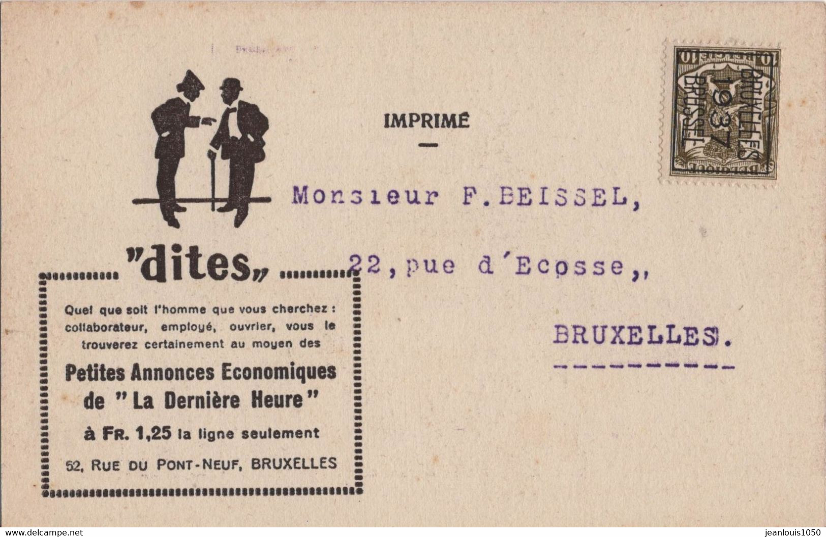 BELGIQUE PREO LION HERALDIQUE BRUXELLES  1937 SUR CARTE AVEC  PUBLICITE " LA DERNIERE HEURE" THEMATIQUE PRESSE - Typografisch 1929-37 (Heraldieke Leeuw)