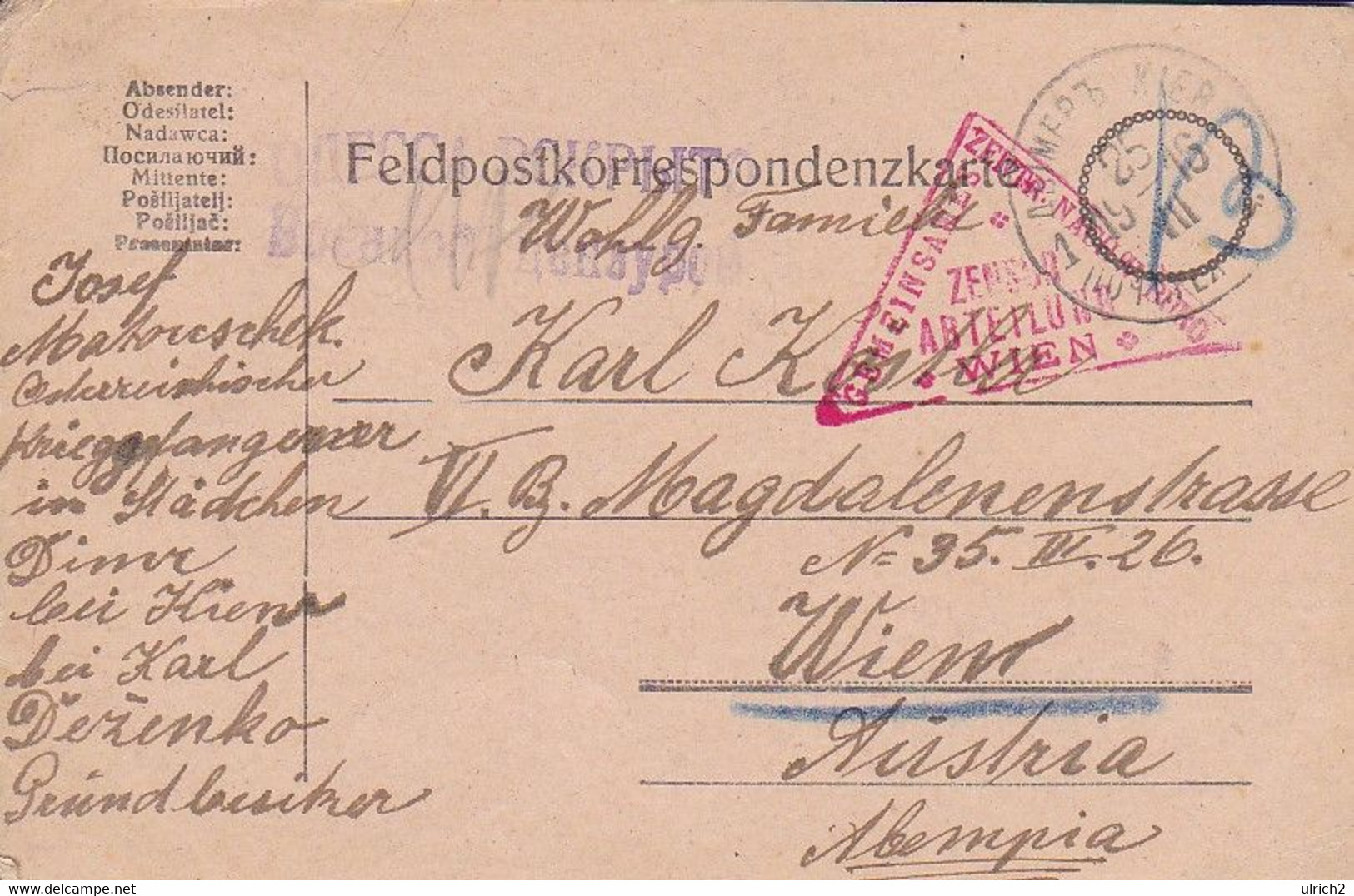 Feldpostkarte - POW Kriegsgefangener - Dimer B. Kiew - Zensur Odessa Wien - 1916 (53710) - Briefe U. Dokumente