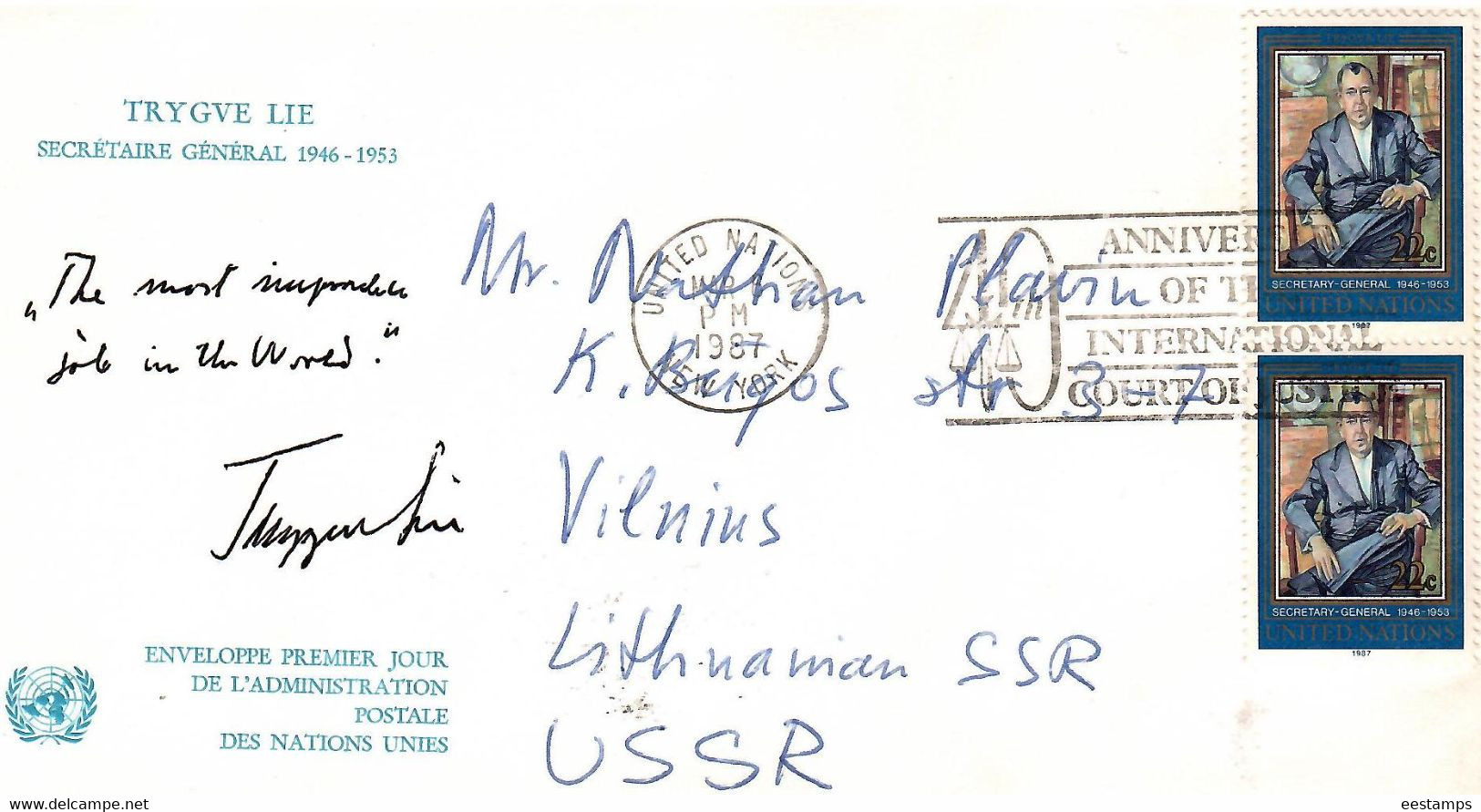 United Nations 1987 . The Letter Was Sent To Lithuania (Trygve Lie,Secretaire General 1946-1953). - Emissions Communes New York/Genève/Vienne