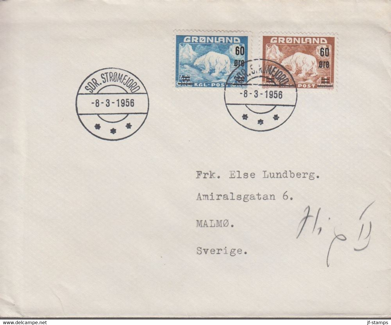 1956. GRØNLAND. Surcharge Complete Set On FDC. SDR. STRØMFJORD -8-3-1956. Polar Bear.... (Michel 37-38) - JF412212 - Lettres & Documents