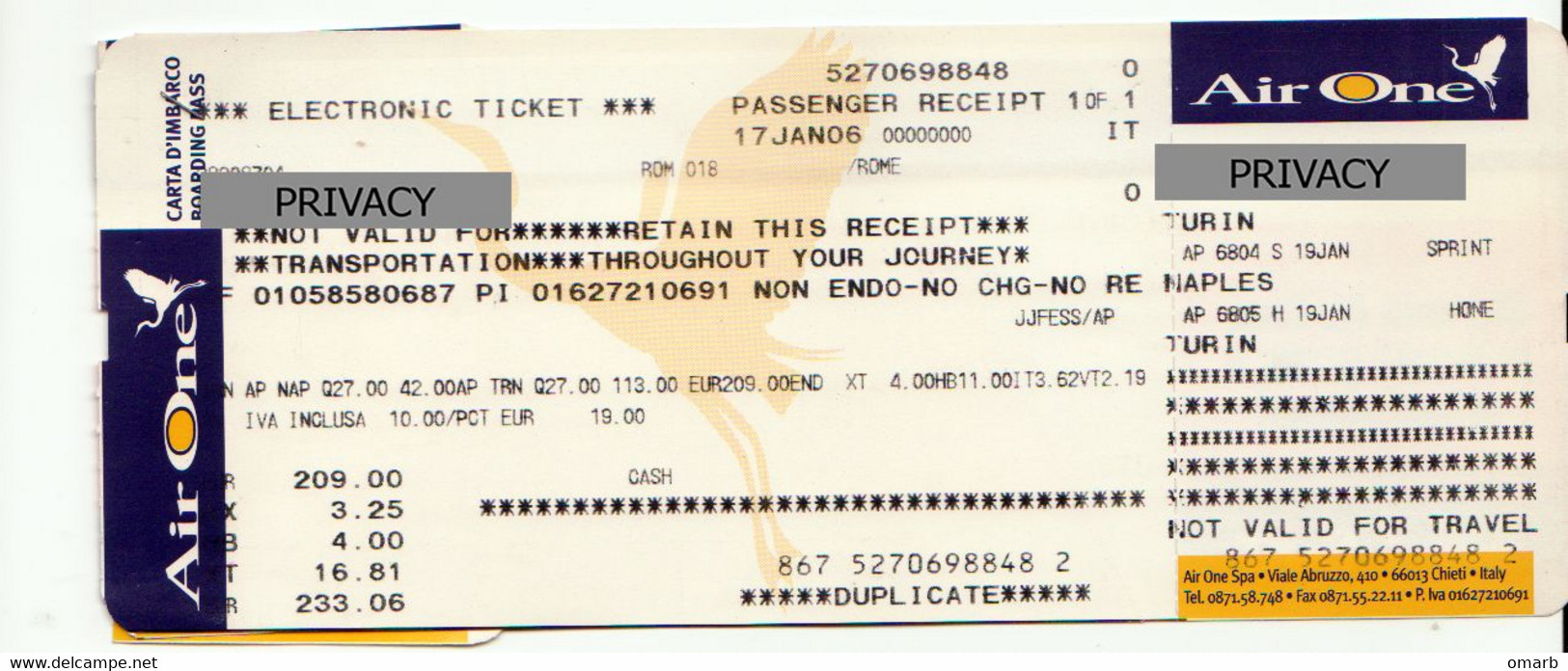 Alt1123 AirOne Airways Billets Avion Ticket Biglietto Aereo Passenger Receipt Imbarco Torino Napoli Airport Flight 2006 - Europe