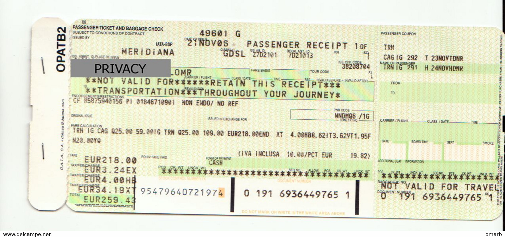 Alt1122 Meridiana Airways Billets Avion Ticket Biglietto Aereo Passenger Receipt Imbarco Torino Cagliari Airport 2006 - Europe
