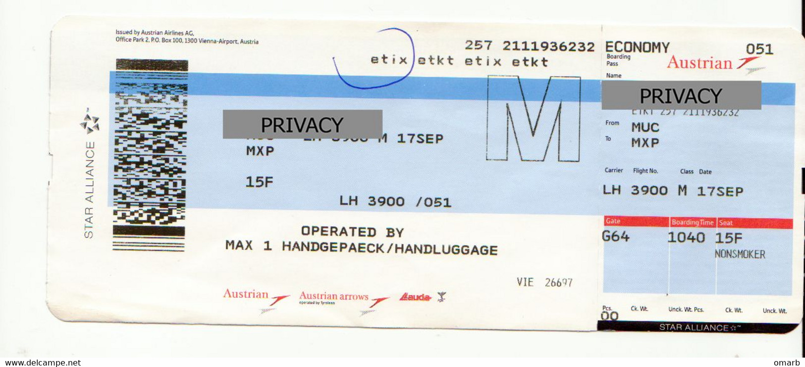 Alt1120 Austrian Airways Billets Avion Ticket Biglietto Aereo Passenger Receipt Imbarco Munich Milan Airport Lauda Air - Europa