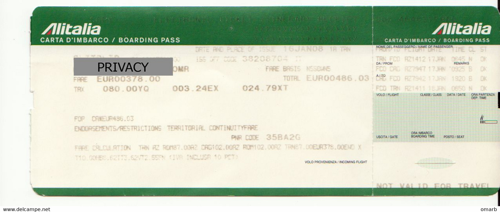 Alt1119 Alitalia Airways Billets Avion Ticket Biglietto Aereo Itinerary Receipt Imbarco Torino Roma Paris Airport - Europe