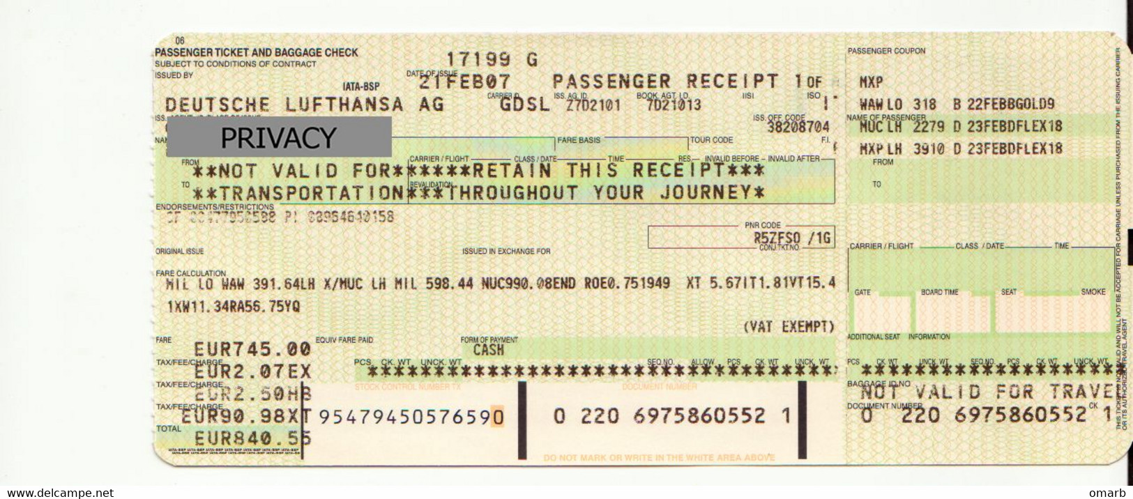 Alt1118 Lufthansa Airways Billets Avion Ticket Biglietto Aereo Passenger Receipt Imbarco Milano Munich Warsaw Airport - Europe