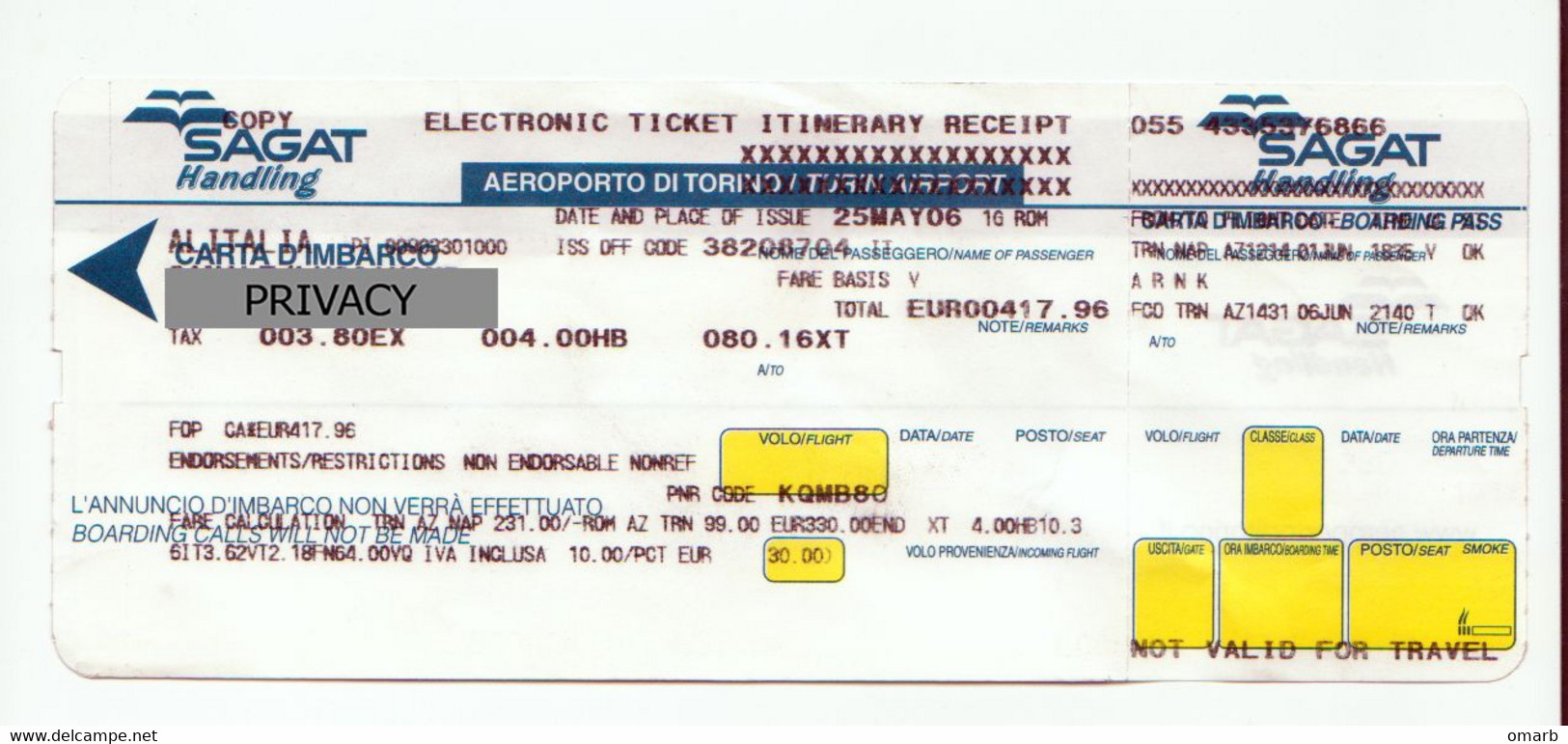 Alt1115 Alitalia Airways Billets Avion Ticket Biglietto Aereo Itinerary Receipt Imbarco Boarding SAGAT Torino Napoli - Europa