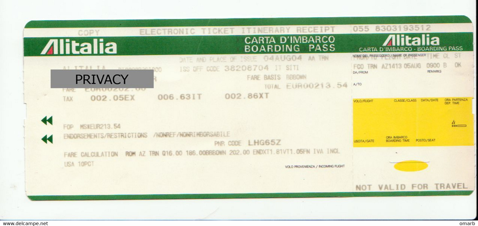 Alt1113 Alitalia Airways Billets Avion Ticket Biglietto Aereo Passenger Itinerary Receipt Imbarco Boarding Torino Roma - Europa