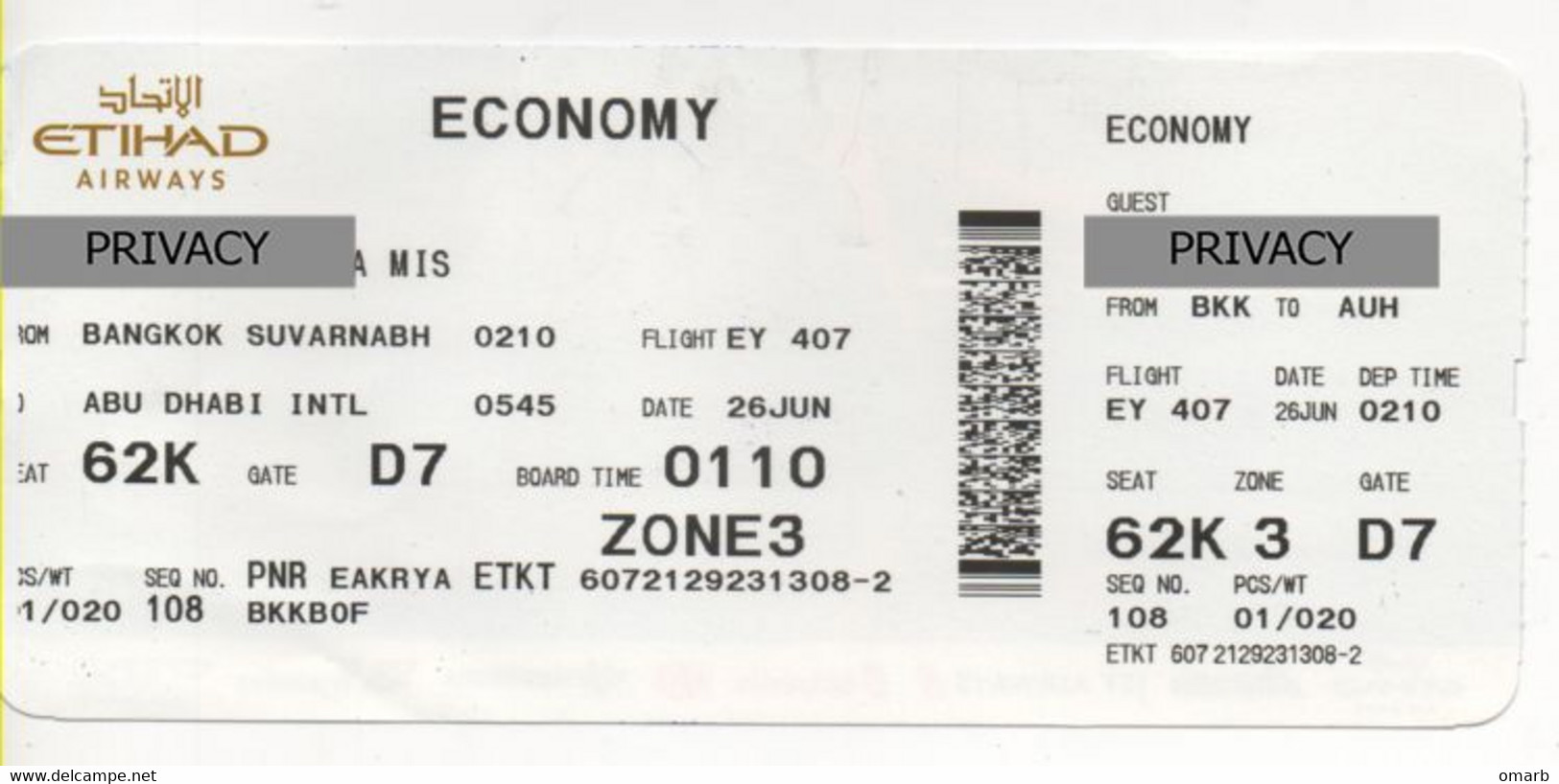 Alt1112 Etihad Airways Billets Avion Ticket Biglietto Aereo Carta Imbarco Boarding Pass Bangkok Abu Dhabi - Mundo