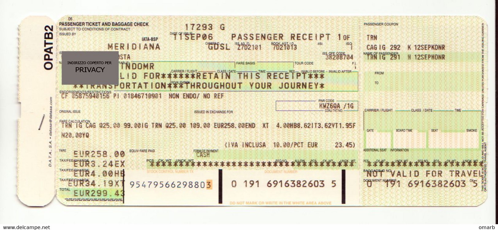 Alt1109 Meridiana Airways Billets Avion Ticket Biglietto Aereo Passenger Receipt Imbarco Torino Cagliari Airport 2006 - Europe