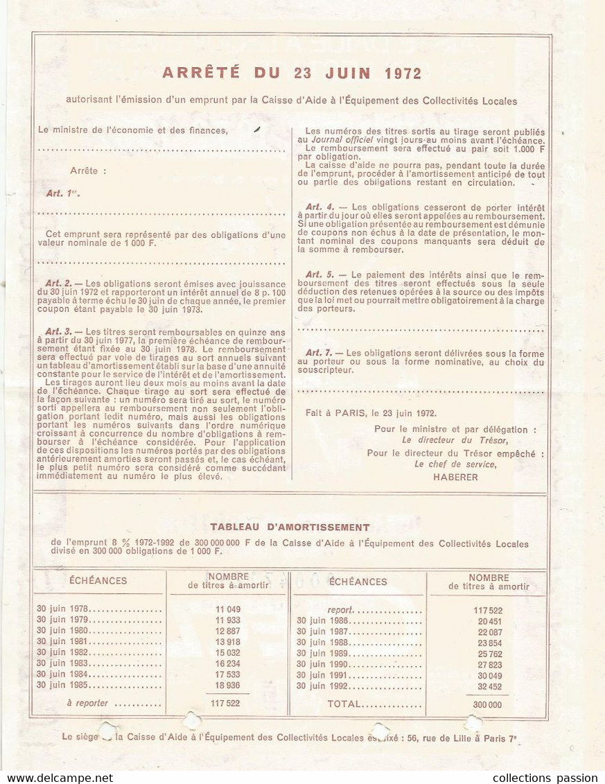 Obligation De Mille Francs ,emprunt 8 % 1972-1992, Caisse D'aide à L'équipement Des Collectivités Locales, Frais Fr1.95e - Sonstige & Ohne Zuordnung