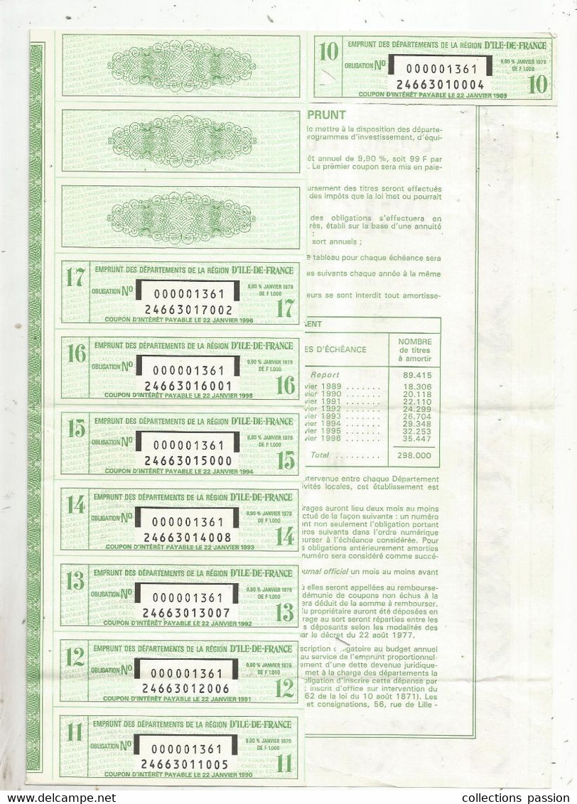 Obligation De 1000 Francs , 1979 , Emprunt Des Départements De La Région D'ILE DE FRANCE ,3 Scans , , Frais Fr 1.95e - Autres & Non Classés