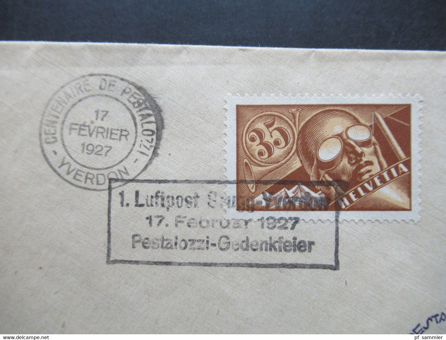 Schweiz 1927 1. Luftpost Brugg- Yverdon Pestalozzi Gedenkfeier Mit Vignette Michel Nr. 181 Sonderbeleg - Premiers Vols