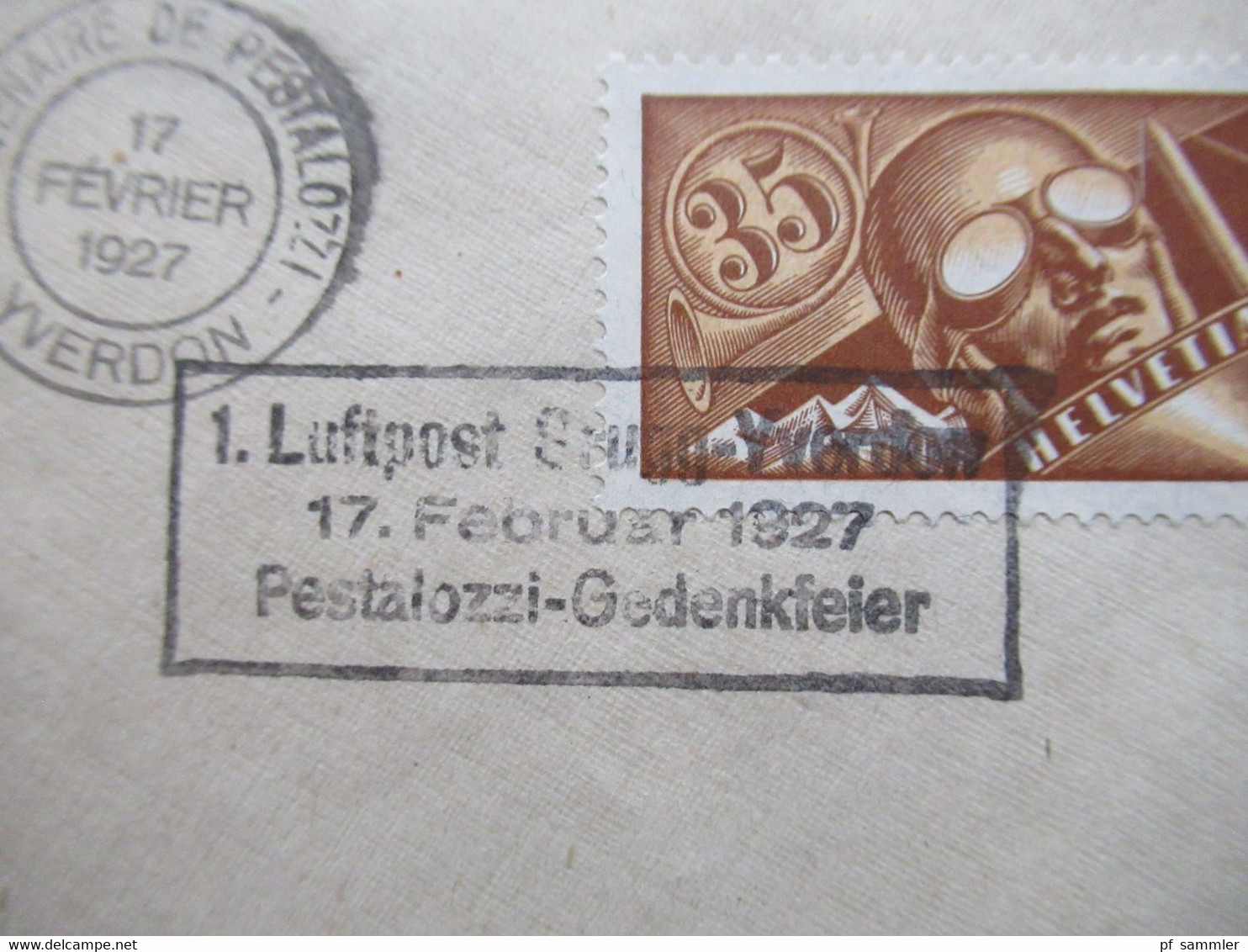 Schweiz 1927 1. Luftpost Brugg- Yverdon Pestalozzi Gedenkfeier Mit Vignette Michel Nr. 181 Sonderbeleg - First Flight Covers