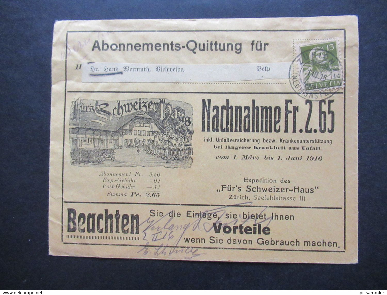 Schweiz 116 Tellknabe Nr. 139 EF Illustriertr Umschlag Abonnements - Quittung Expedition Des Für's Schweizer Haus Zürich - Cartas & Documentos