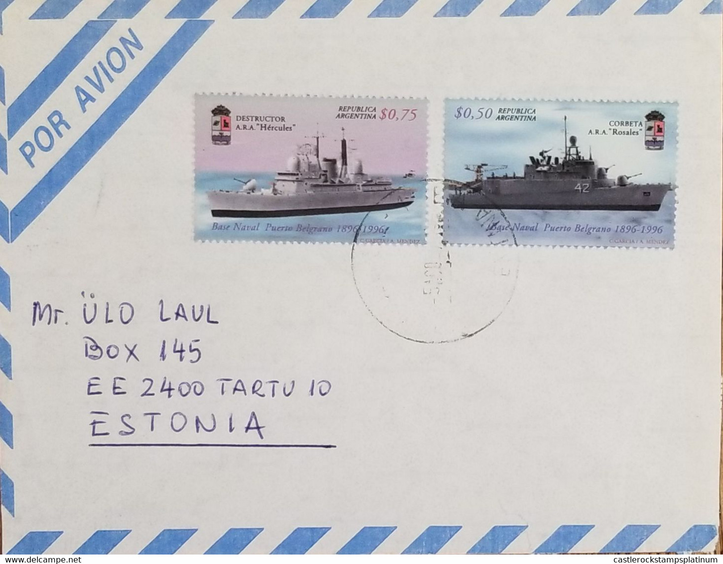 A) 1996, ARGENTINA, FROM BUENOS AIRES TO ESTONIA, RARE DESTINATION, AIRMAIL, NAVAL BASE, CORBETA A.R.A ROSALES AND DESTR - Usados