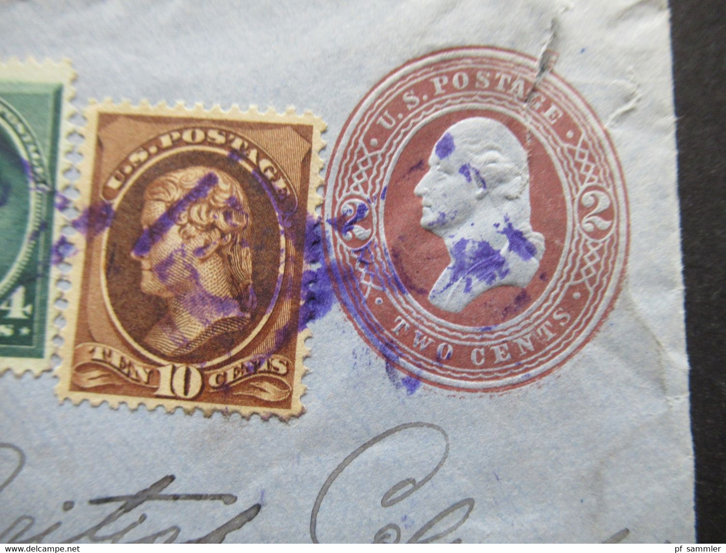 USA 1888 GA Umschlag Mit 3 Zusatzfrankaturen Präsidenten / Dreifarbenfrankatur Mit Violettem Stempel / Fancy Cancel ?? - Lettres & Documents