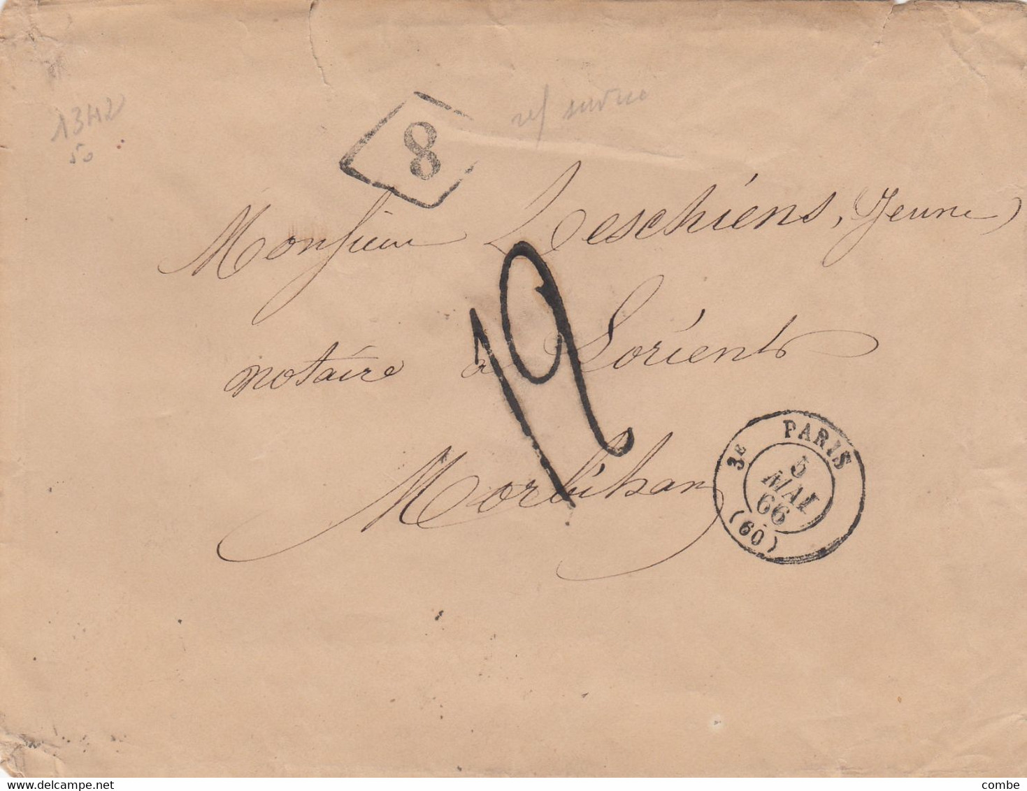 LETTRE.  PARIS. 5 MAI 66. N° 1342. 3°. + 8 MINISTERE FINANCE. TAXE TAMPON 12 POUR LORIENT. LIRE REMARQUE AU VERSO - 1849-1876: Classic Period