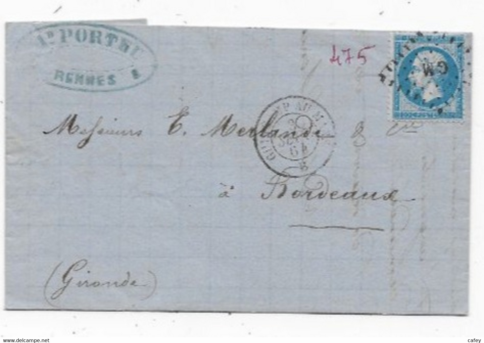 Dispersion Collection D'AMBULANT Sur Lettre GUINGAMP AU MANS Ambulant Nuit 1864 Griffe GM S/ Timbre Empire - Railway Post