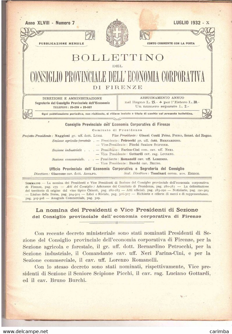 BOLLETTINO CONSIGLIO PROVINCIALE DELL'ECONOMIA CORPORATIVA FIRENZE 1932 29 PAGINE PUBBLICITA' E ATTI DEL CONSIGLIO - Décrets & Lois