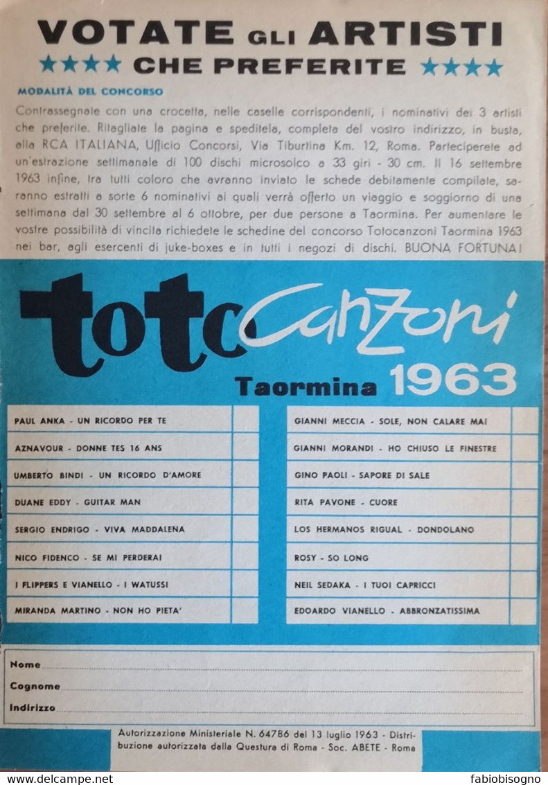 1963 - Toto Canzoni TAORMINA 1963 - 1 Pag. Pubblicità Cm. 13x18 - Plakate & Poster