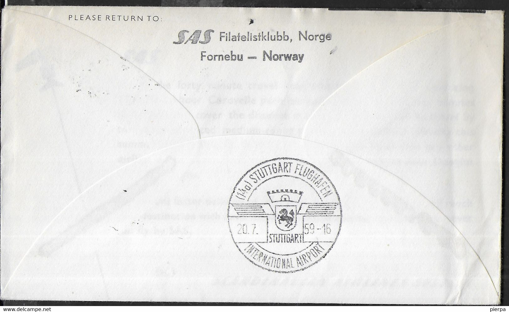 NORGE - PRIMO VOLO - FIRST FLIGHT SAS CARAVELLE - OSLO/STUTTGART - 20.7.1959 - SU BUSTA UFFICIALE - Briefe U. Dokumente