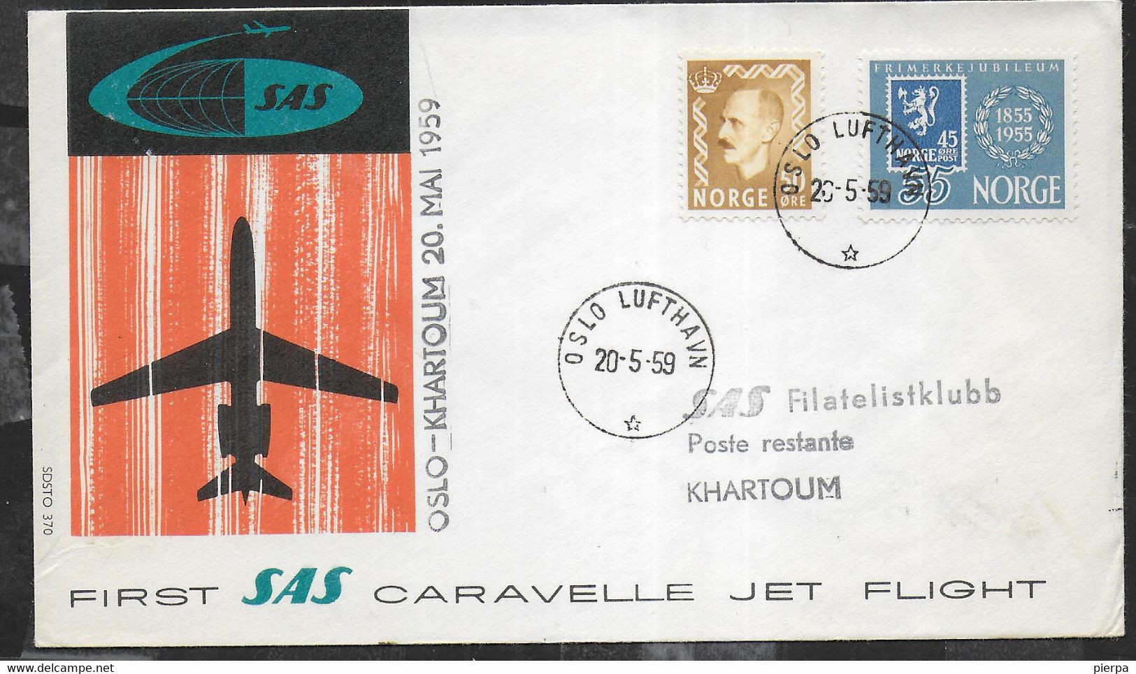 NORGE - PRIMO VOLO - FIRST FLIGHT SAS CARAVELLE - OSLO/KHARTOUM - 20.5.1959 - SU BUSTA UFFICIALE - Cartas & Documentos