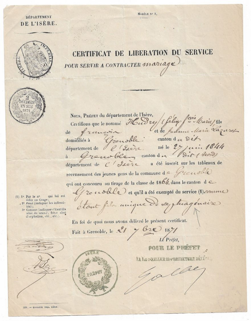 Certificat De Libértion De Service Cause Mariage: Genoble  21 7bre 1871 - Historical Documents