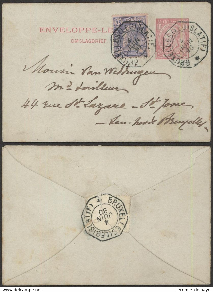 EP Au Type Enveloppe-lettre 10ctm Rouge (n°46) + N°48 Obl Télégraphique "Bruxelles (Législatif)" > St-Josse - Sobres-cartas