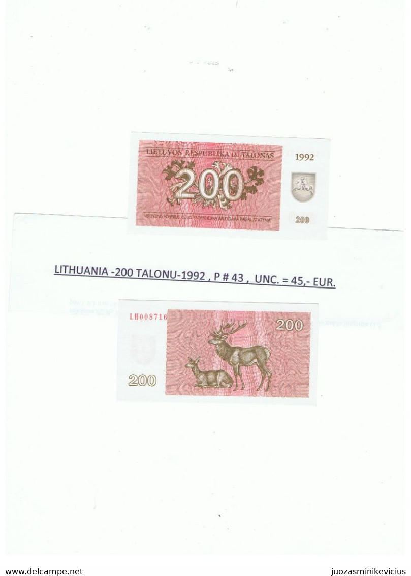 LITHUANIA -200 TALONU-1992 , P # 43 , UNC. - Lituanie