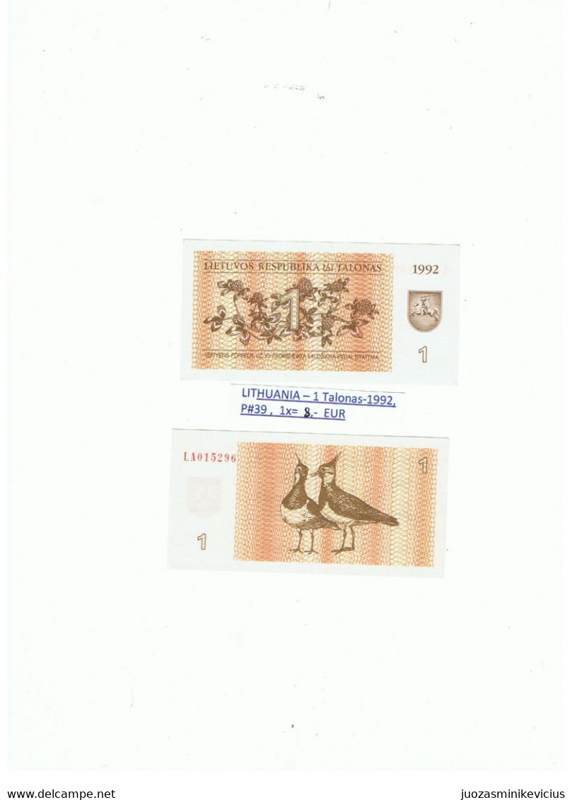 LITHUANIA - 1 TALONAS-1992 , P # 39 , UNC . - Lituanie