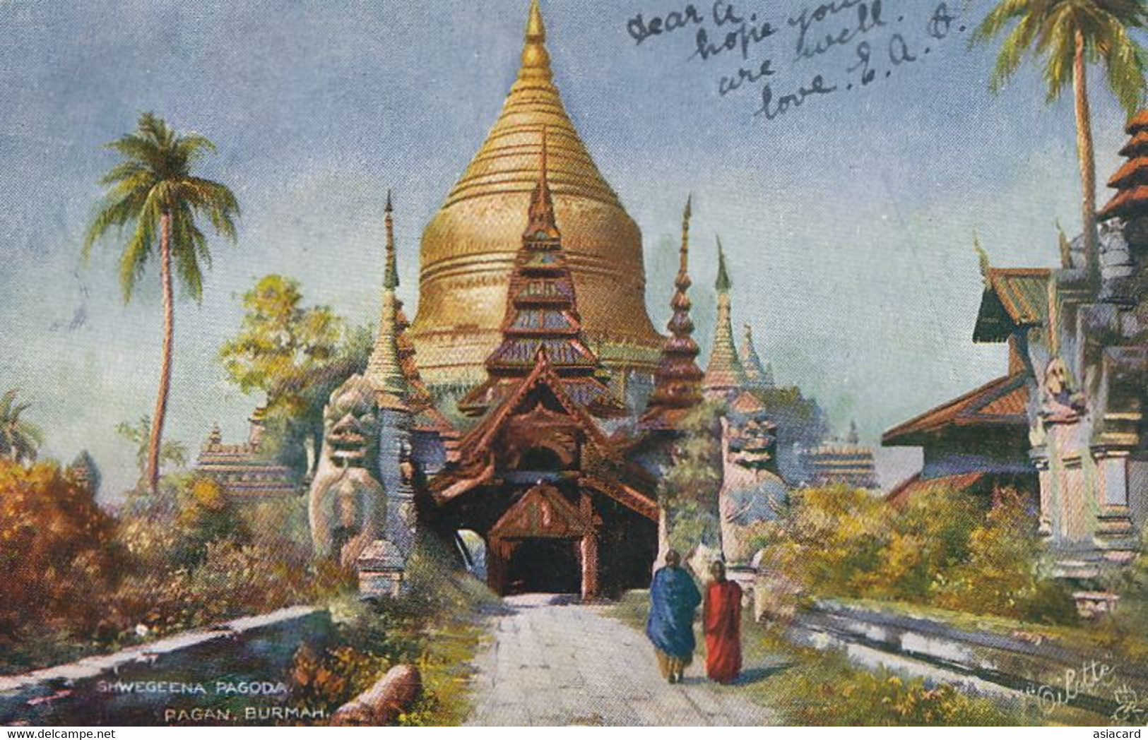 Burma Hand Color Shwegeena Pagoda Pagan . Hand Colored Tuck Oilette . P.,Used Nice Stamp To Naphur - Myanmar (Burma)