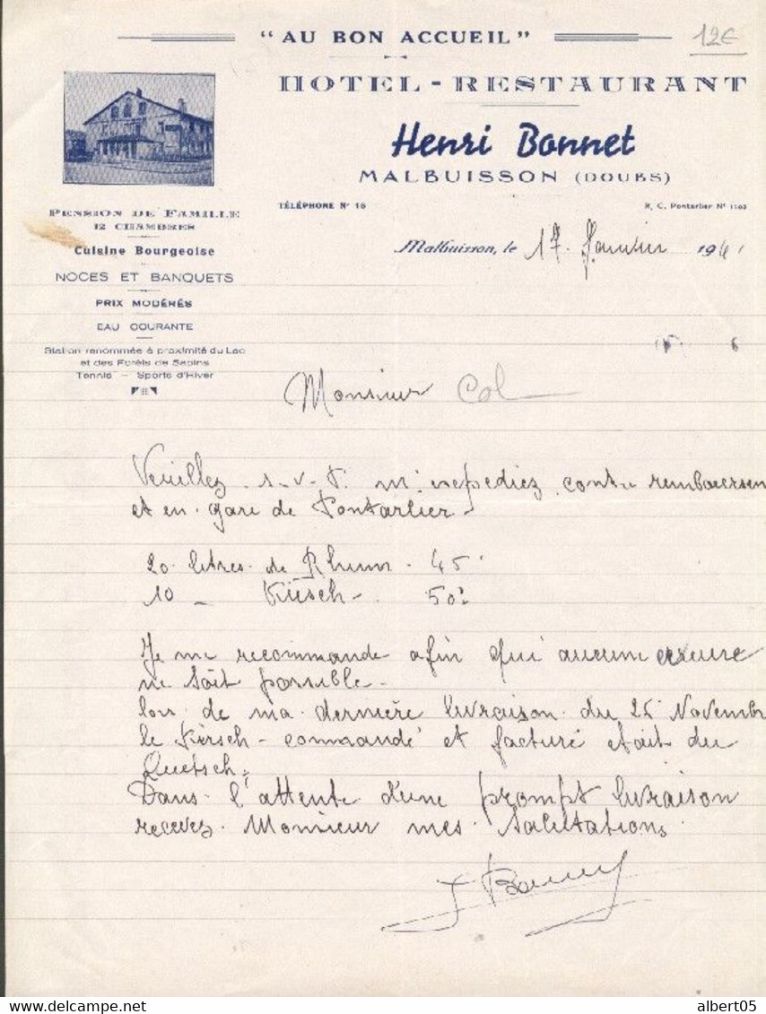 Facture : Hôtel Bon Accueil Henri Bonnet Malbuisson ( Doubs ) Le 17 Janvier 1941 - Sport & Tourismus