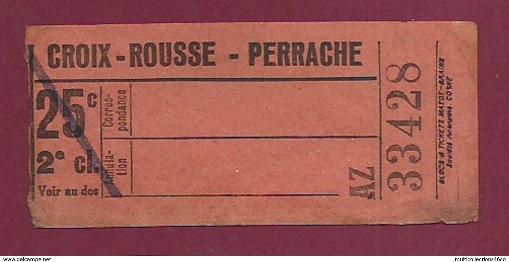 030121 - TICKET CHEMIN DE FER TRAM METRO - CROIX ROUSSE PERRACHE 25c 2e Cl AZ 33428 - Europe