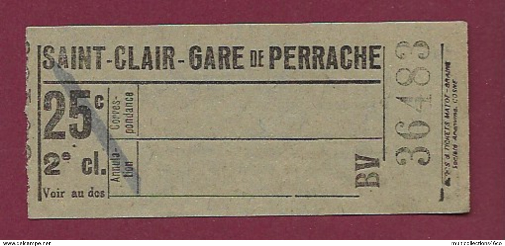 030121A - TICKET CHEMIN DE FER TRAM METRO - SAINT CLAIR GARE DE PERRACHE 2me Cl 25c BV 36483 - Europe