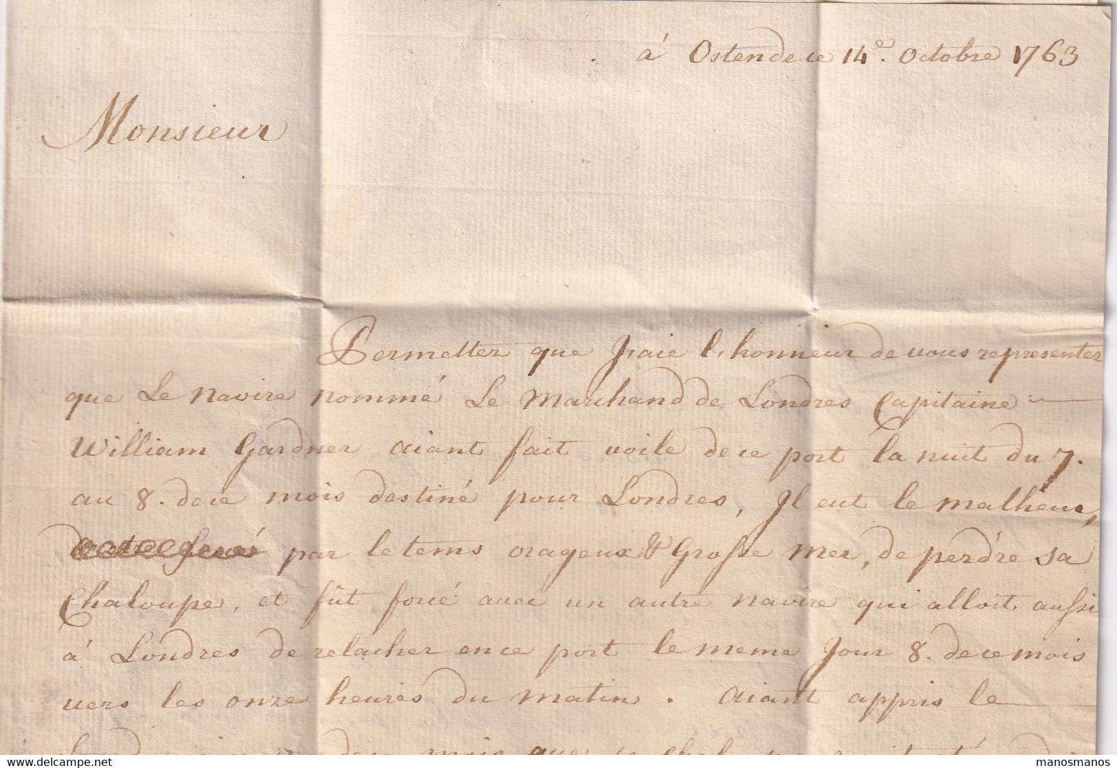 DDY 383 - Lettre Précurseur OSTENDE Octobre 1763 Vers Mr Hergots De Nieuwminster à BRUGES - Signée Phlips Rycx - 1714-1794 (Pays-Bas Autrichiens)