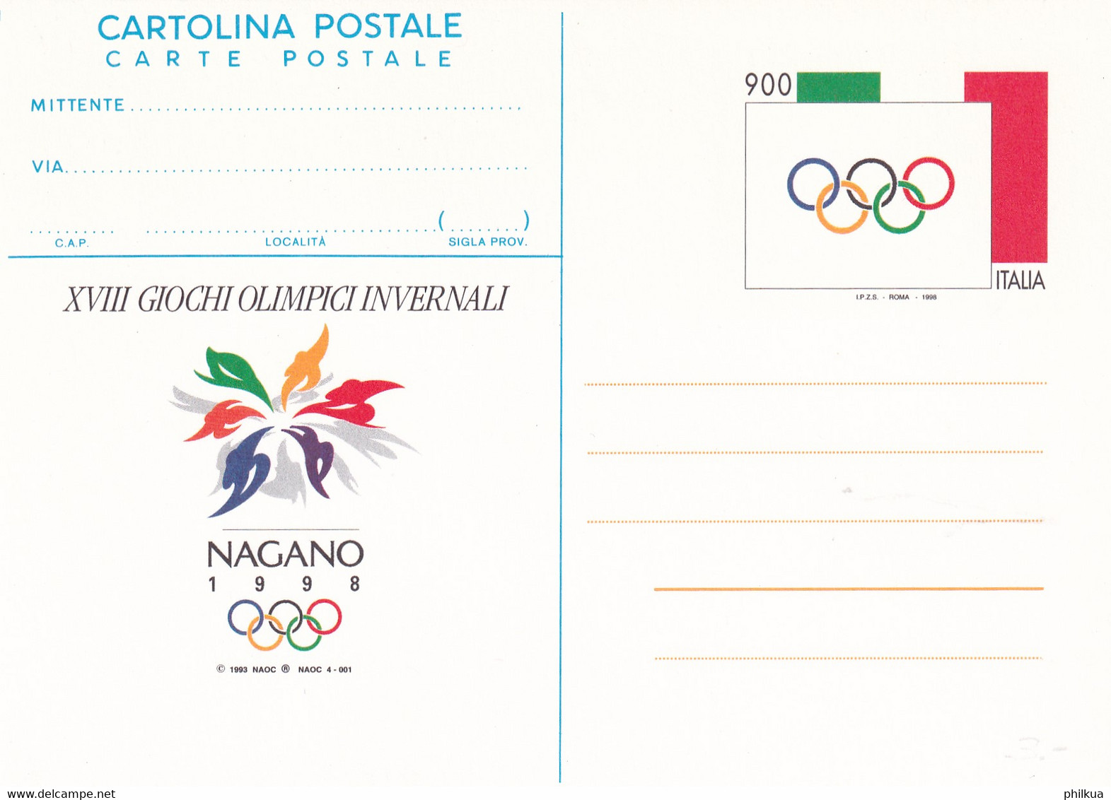 Italien - Ganzsache - Olympische Winterspiele Nagano 1998 - Hiver 1998: Nagano