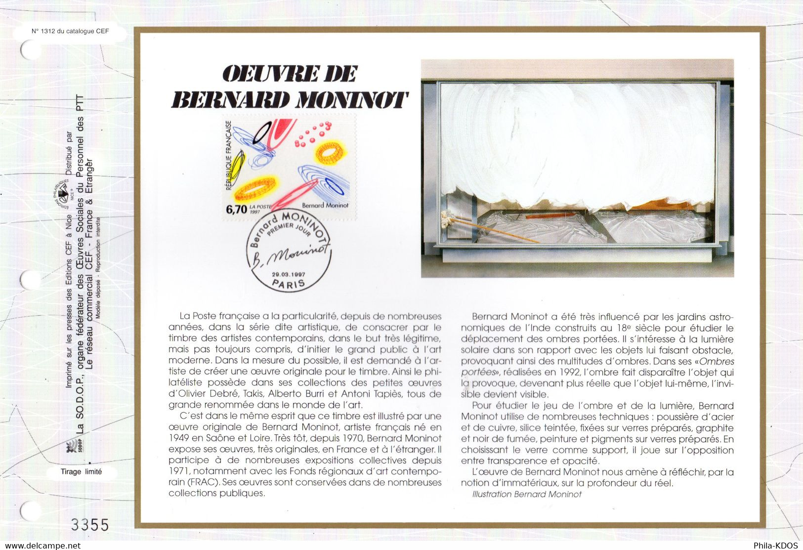 " OEUVRE DE BERNARD MONINOT " Sur Feuillet CEF 1er Jour N°té  De 1997 N°YT 3050 Parf état FDC - 1990-1999