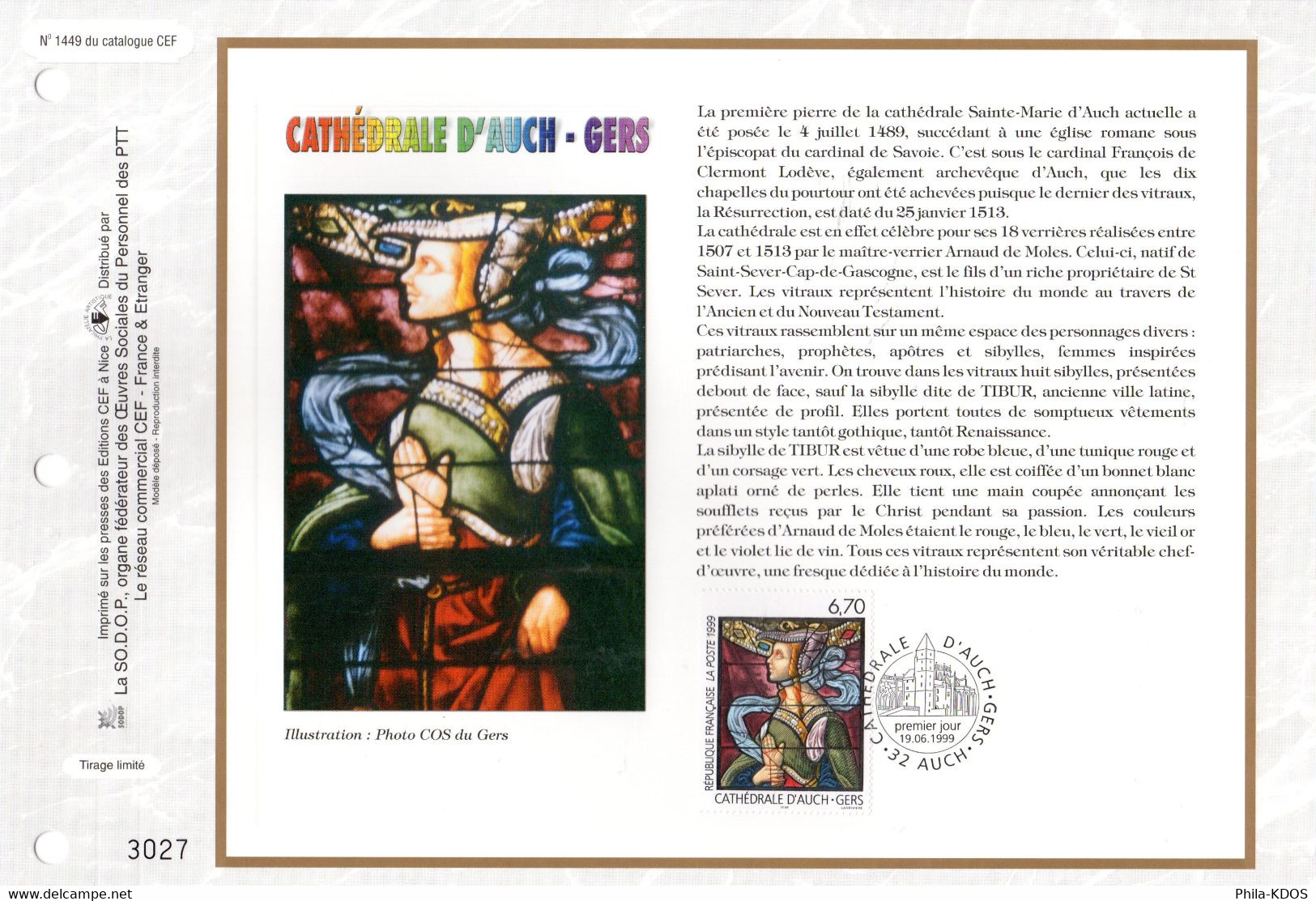 " VITRAIL CATHEDRALE D'AUCH " Sur Feuillet CEF 1er Jour N°té  De 1999 N°YT 3254 Parfait état FDC - Glasses & Stained-Glasses