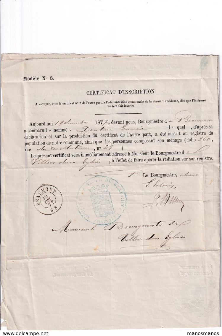 DDY 400 -- Document De Changement De Résidence 1877 De VILLERS DEUX EGLISES Vers BEAUMONT - 2 X Sceau Communal - Franchise