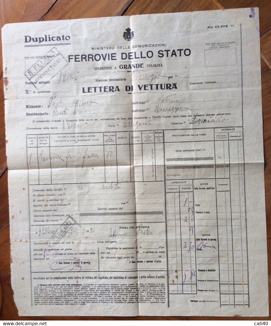 FERROVIE - LETTERA DI VETTURA PER PANIERE FRUTTA FRESCA DA PATERNO' A VIAREGGIO - 13 SETTEMBRE 1925 - Europa