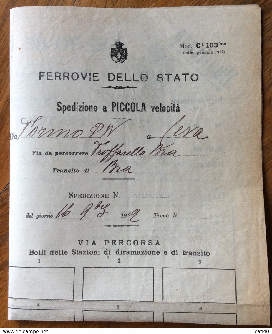 FERROVIE - LETTERA DI VETTURA PER FERRAMENTA DA TORINO A CEVA  TRANSITO BRA - 16 SETTEMBRE 1922 - Europe