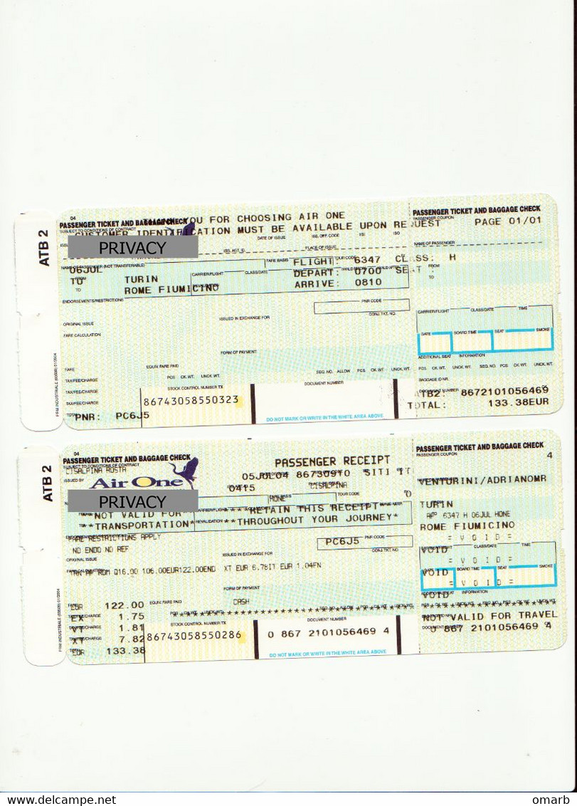 Alt1124 Air One Airways Billets Avion Ticket Biglietto Aereo Passenger Itinerary Receipt Imbarco Boarding Torino Roma - Europa
