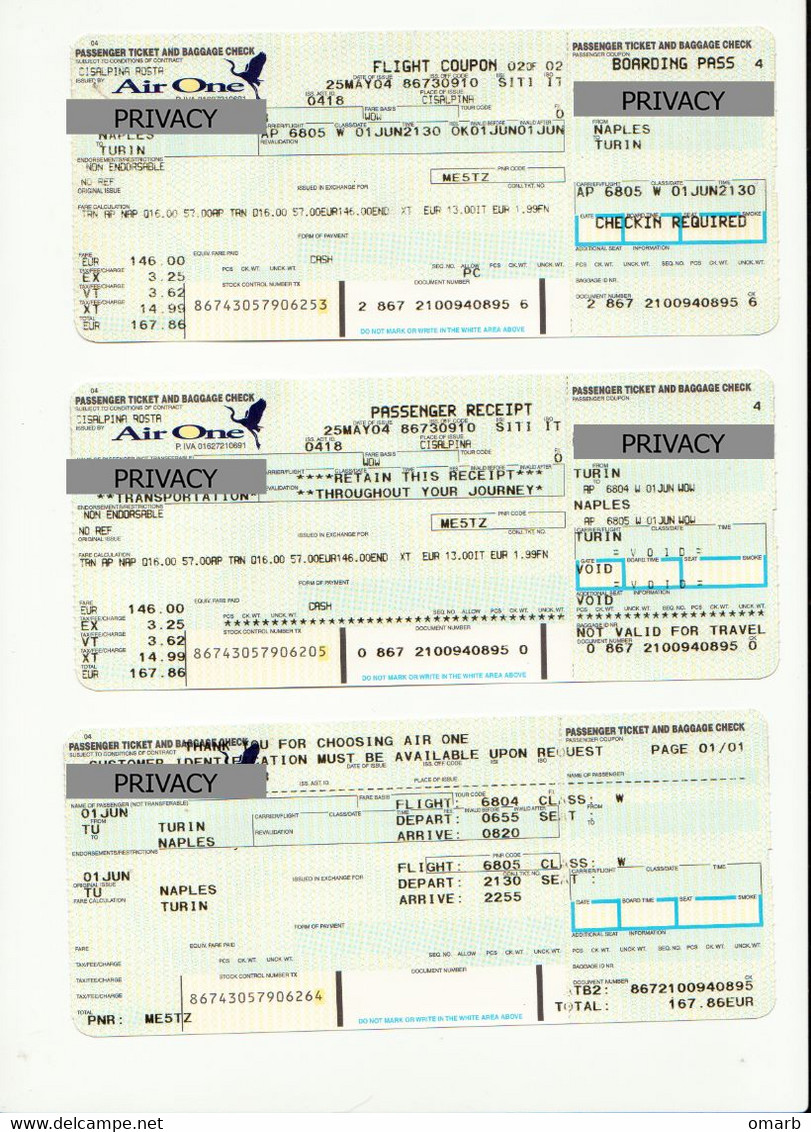 Alt1125 Air One Airways Billets Avion Ticket Biglietto Aereo Passenger Itinerary Receipt Imbarco Boarding Torino Napoli - Europa