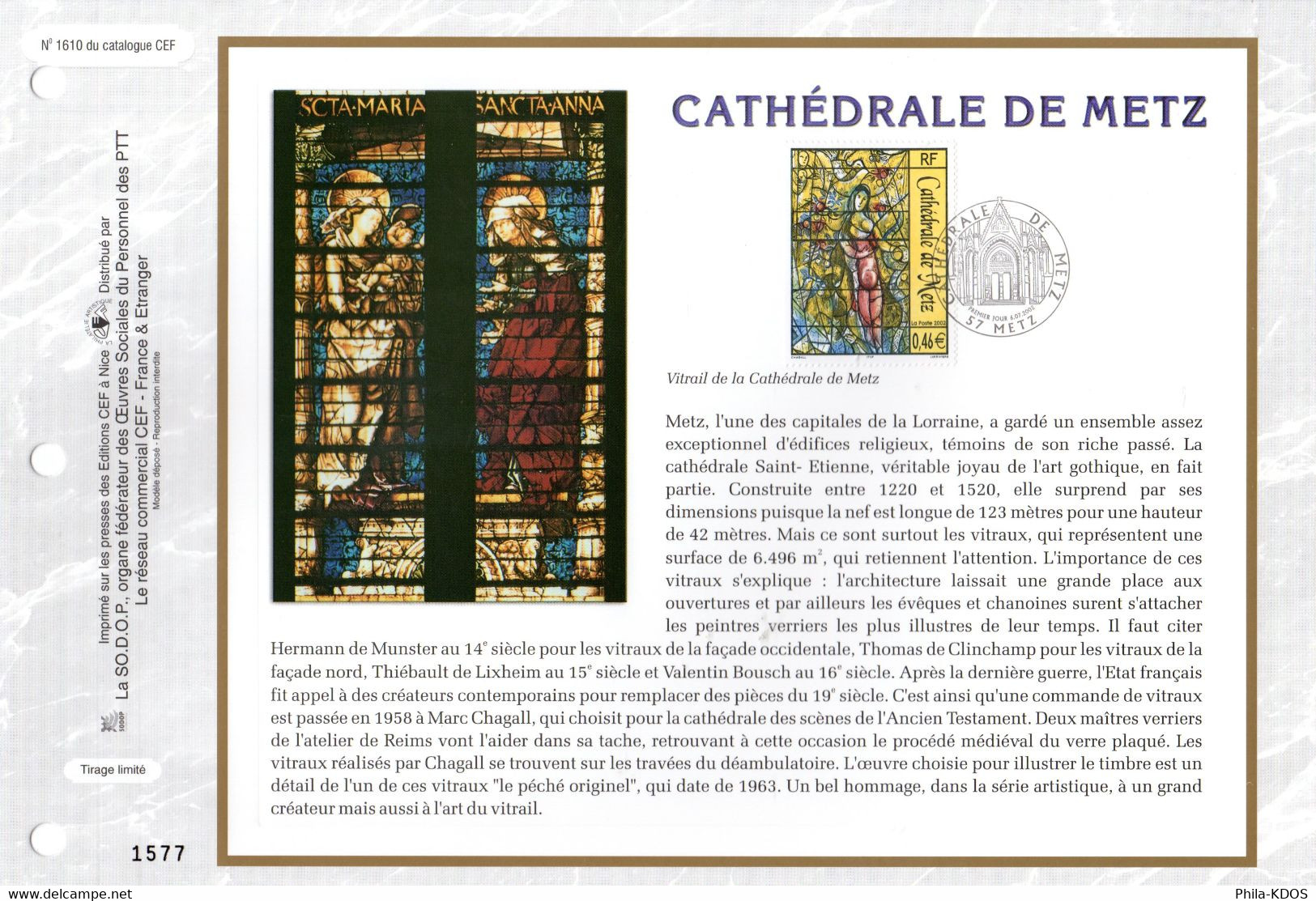 &#9989; " VITRAIL CATHEDRALE DE METZ " Sur Feuillet CEF 1er Jour N°té  De 2002 N° YT 3498 Parf état FDC - Glas & Brandglas